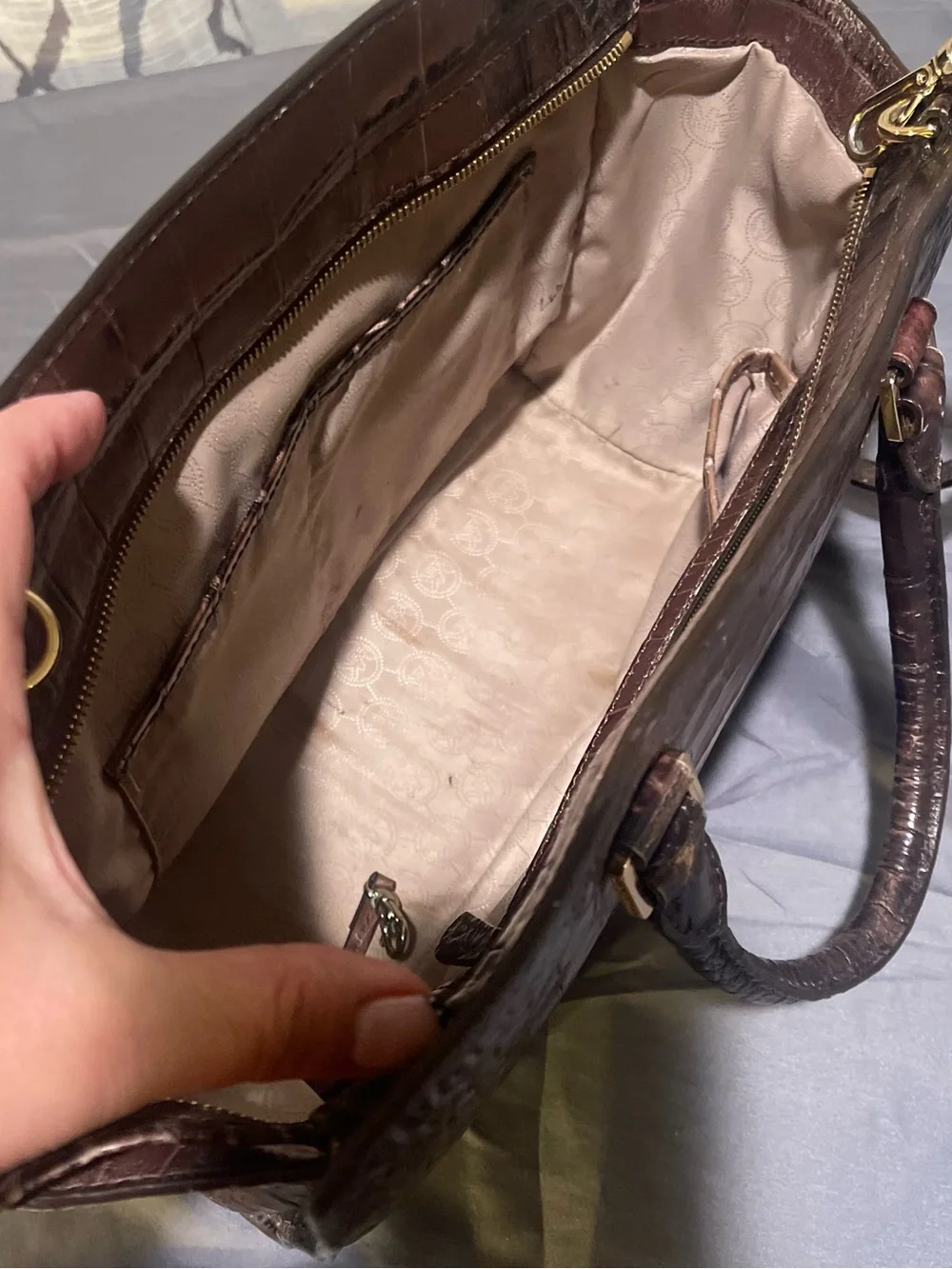 Michael Kors Two-Tone Brown Croc-Embossed Leather Satchel with Gold Hardware